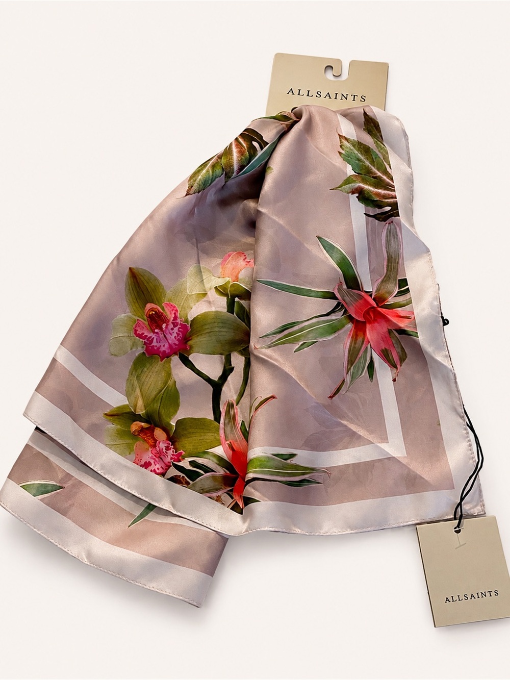NWT AllSaints Adena Pink Square Blush 100% Silk Floral Scarf 30x30 inç